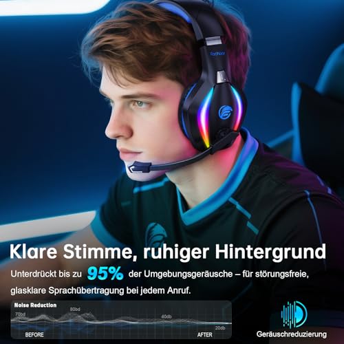 Fachixy FC100 Headset mit Mikrofon, 2,4G Wireless Gaming Headset für PS5, PS4, PC, Switch, Mac, Surround Sound Bluetooth Gaming Kopfhörer kabellos mit LED Licht, Über 50 Stunden Akkulaufzeit Bild 3