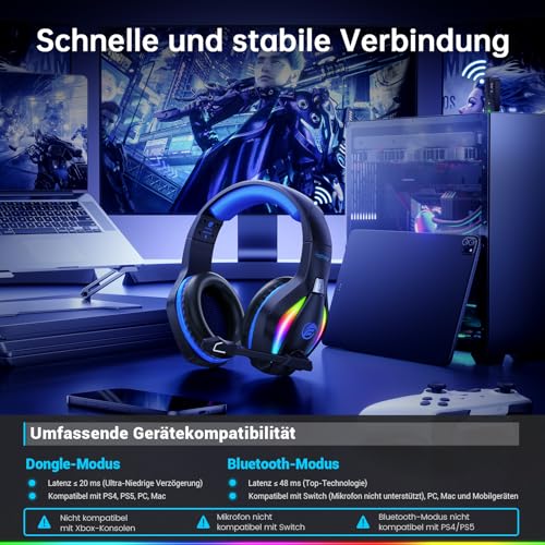 Fachixy FC100 Headset mit Mikrofon, 2,4G Wireless Gaming Headset für PS5, PS4, PC, Switch, Mac, Surround Sound Bluetooth Gaming Kopfhörer kabellos mit LED Licht, Über 50 Stunden Akkulaufzeit Bild 4
