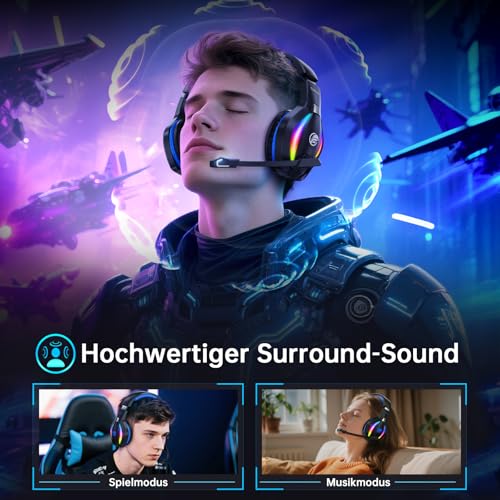 Fachixy FC100 Headset mit Mikrofon, 2,4G Wireless Gaming Headset für PS5, PS4, PC, Switch, Mac, Surround Sound Bluetooth Gaming Kopfhörer kabellos mit LED Licht, Über 50 Stunden Akkulaufzeit Bild 6