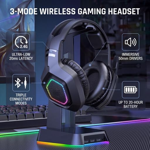Walfront Wireless Gaming Headset mit Mikrofon Bluetooth Kopfhörer und 3, 5mm Verdrahtungsanpassungs Anpassungs Kabellos Headset Enthält Einen 2, 4 g Adapter für PC Laptop Mobile (Black) Bild 2