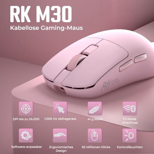 RK ROYAL KLUDGE M30 Gaming Maus Kabellos, 12000 DPI PixArt PAW3311 Sensor Gaming Mouse, 41g Ultralight, 1000Hz Polling Rate, 2.4G/USB-C/Bluetooth, 250mAh, Voll programmierbare Tasten, Rosa Bild 2