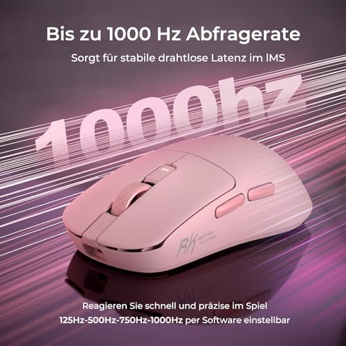 RK ROYAL KLUDGE M30 Gaming Maus Kabellos, 12000 DPI PixArt PAW3311 Sensor Gaming Mouse, 41g Ultralight, 1000Hz Polling Rate, 2.4G/USB-C/Bluetooth, 250mAh, Voll programmierbare Tasten, Rosa Bild 3