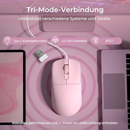 RK ROYAL KLUDGE M30 Gaming Maus Kabellos, 12000 DPI PixArt PAW3311 Sensor Gaming Mouse, 41g Ultralight, 1000Hz Polling Rate, 2.4G/USB-C/Bluetooth, 250mAh, Voll programmierbare Tasten, Rosa Bild 5