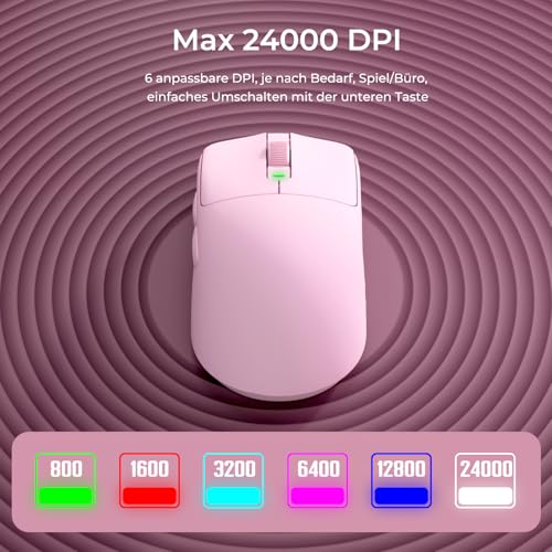 RK ROYAL KLUDGE M30 Gaming Maus Kabellos, 12000 DPI PixArt PAW3311 Sensor Gaming Mouse, 41g Ultralight, 1000Hz Polling Rate, 2.4G/USB-C/Bluetooth, 250mAh, Voll programmierbare Tasten, Rosa Bild 6