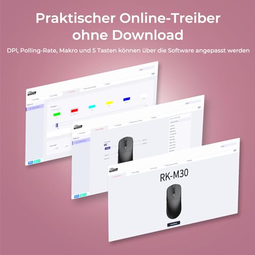 RK ROYAL KLUDGE M30 Gaming Maus Kabellos, 12000 DPI PixArt PAW3311 Sensor Gaming Mouse, 41g Ultralight, 1000Hz Polling Rate, 2.4G/USB-C/Bluetooth, 250mAh, Voll programmierbare Tasten, Rosa Bild 7