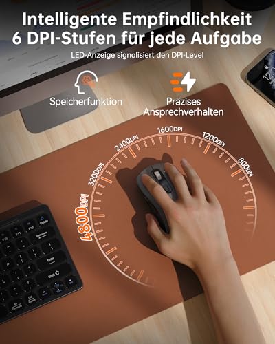TECKNET Bluetooth Maus, Maus Kabellos (BT 5.0/3.0 + 2.4G), 4-Wege-Scrollrad Leise Funkmaus mit USB-A Empfänger, 4800 DPI Kabellose Mäuse, Ergonomische Computer Mouse für Laptop/PC/Mac/Tablet, Grau Bild 3