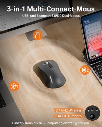 TECKNET Bluetooth Maus, Maus Kabellos (BT 5.0/3.0 + 2.4G), 4-Wege-Scrollrad Leise Funkmaus mit USB-A Empfänger, 4800 DPI Kabellose Mäuse, Ergonomische Computer Mouse für Laptop/PC/Mac/Tablet, Grau Bild 4