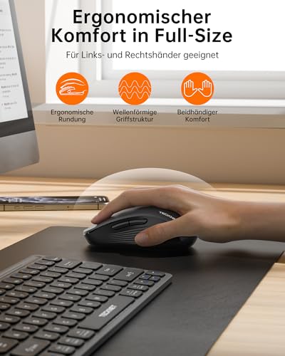 TECKNET Bluetooth Maus, Maus Kabellos (BT 5.0/3.0 + 2.4G), 4-Wege-Scrollrad Leise Funkmaus mit USB-A Empfänger, 4800 DPI Kabellose Mäuse, Ergonomische Computer Mouse für Laptop/PC/Mac/Tablet, Grau Bild 6