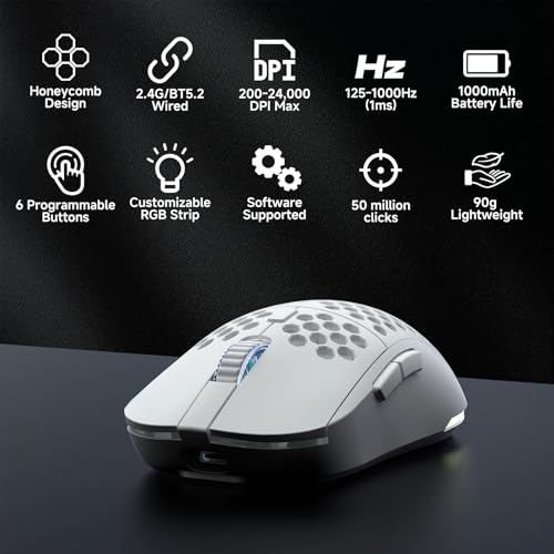 TMKB Falcon M1 Kabellose Gaming Maus - 24000 DPI, 180h Akku, 90g Leichtbau, 6 programmierbare Tasten, RGB-Beleuchtung, 2.4G/BT5.2/USB-C für PC/Mac/Laptop,weiß Bild 2