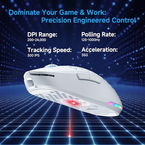 TMKB Falcon M1 Kabellose Gaming Maus - 24000 DPI, 180h Akku, 90g Leichtbau, 6 programmierbare Tasten, RGB-Beleuchtung, 2.4G/BT5.2/USB-C für PC/Mac/Laptop,weiß Bild 3