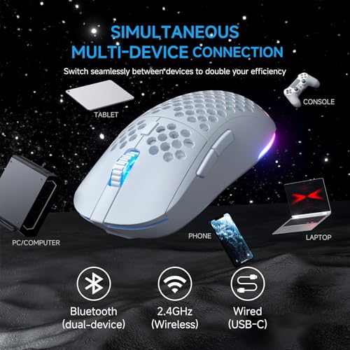 TMKB Falcon M1 Kabellose Gaming Maus - 24000 DPI, 180h Akku, 90g Leichtbau, 6 programmierbare Tasten, RGB-Beleuchtung, 2.4G/BT5.2/USB-C für PC/Mac/Laptop,weiß Bild 4