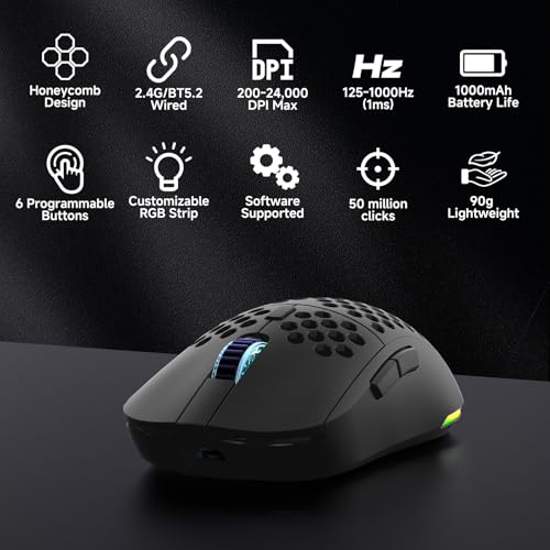 TMKB Falcon M1 Kabellose Gaming Maus - 24000 DPI, 180h Akkulaufzeit, 90g Ultra-Leicht, 6 Programmierbare Tasten, RGB-Beleuchtung, 2.4G/BT5.2/USB-C für PC/Mac/Laptop,Schwarz Bild 2