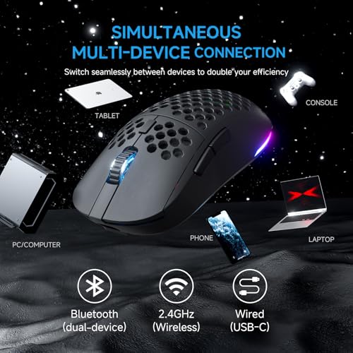 TMKB Falcon M1 Kabellose Gaming Maus - 24000 DPI, 180h Akkulaufzeit, 90g Ultra-Leicht, 6 Programmierbare Tasten, RGB-Beleuchtung, 2.4G/BT5.2/USB-C für PC/Mac/Laptop,Schwarz Bild 4