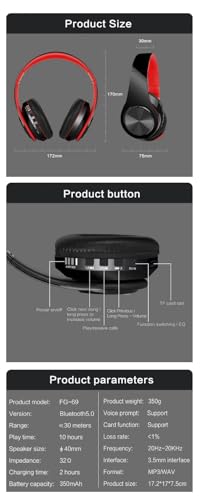 Hybrid-Kopfhörer mit Geräuschunterdrückung, kabellos, Bluetooth, Over-Ear, Schwarz mit Farbakzenten, integriertem Mikrofon, HiFi-Stereo-Sound, faltbares Design, Headset (rot) Bild 5
