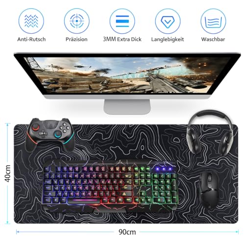 Zindoo Gaming Mauspad XXL 900 x 400 mm– Schwarzes Mousepad mit Konturen-Design – rutschfest, Langlebig, Speed-Textiloberfläche für Gaming & Home Office Bild 3