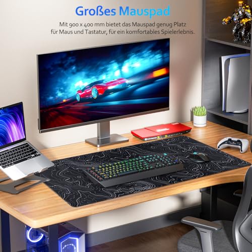 Zindoo Gaming Mauspad XXL 900 x 400 mm– Schwarzes Mousepad mit Konturen-Design – rutschfest, Langlebig, Speed-Textiloberfläche für Gaming & Home Office Bild 5
