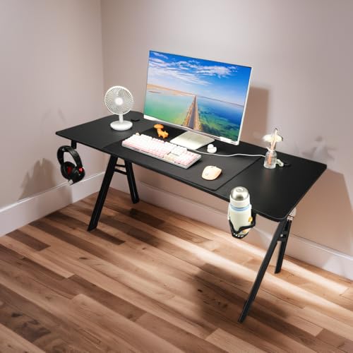 Computer Desk Gaming -Tisch große Nicht -Schlupf -Oberfläche mit Maus -Pad -Becher -Halbzeit Haken Haken Rahmen Stahlrahmen langlebige Partikelbrett 1,4 m breit für Home Office Bild 2