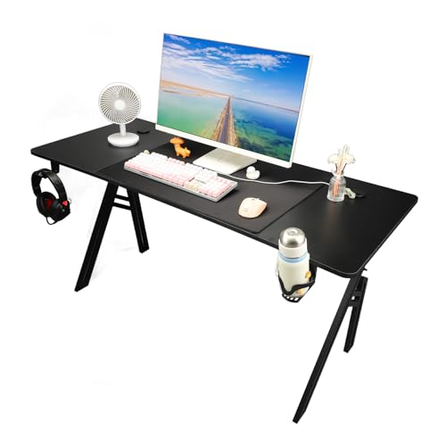 Computer Desk Gaming -Tisch große Nicht -Schlupf -Oberfläche mit Maus -Pad -Becher -Halbzeit Haken Haken Rahmen Stahlrahmen langlebige Partikelbrett 1,4 m breit für Home Office Bild 6