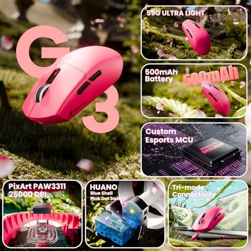 ATTACK SHARK G3 Kabellose Gaming-Maus, 25000 DPI, PAW3311-Sensor, 59g Superlight G305 Gamer-Mäuse, 80 Millionen Klicks, 500-mAh-Akku, Bluetooth/2.4G/Kabelgebundene, Für Win 11/PC/Mac, Beerenrot Bild 2