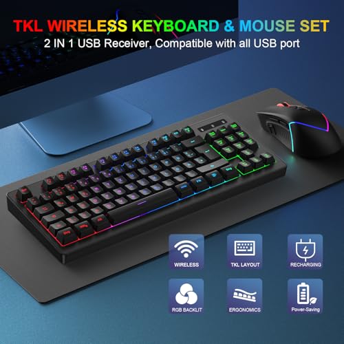 Kabellose Gaming Tastatur und Maus Set, DE Layout QWERTZ 75% TKL RGB Beleuchtet, Wiederaufladbare Ergonomische Gaming Maus, Kompaktes Keyboard für PC, Mac, Xbox,PS5 Bild 7