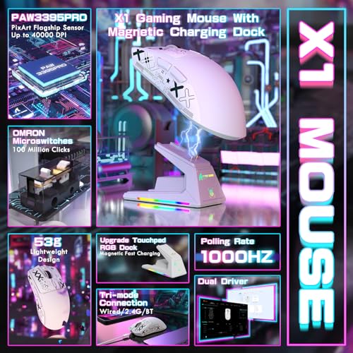 ATTACK SHARK X1 Gaming-Maus mit Magnetischer Ladestation, PixArt PAW3395PRO Gaming-Sensor, 40000 DPI, 49g Superlight-Maus, BT/2,4G Kabellos/Kabelgebunden, 100M-Mikroschalter für PC/Xbox/PS/Mac – Weiß Bild 2