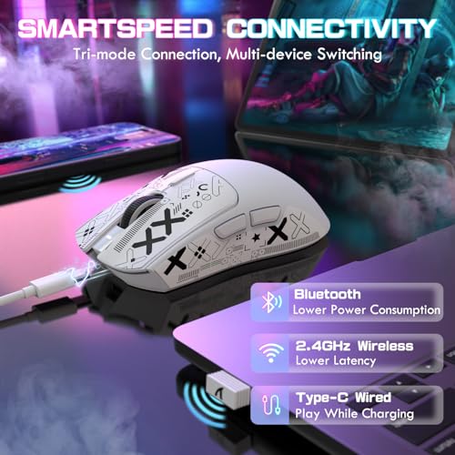 ATTACK SHARK X1 Gaming-Maus mit Magnetischer Ladestation, PixArt PAW3395PRO Gaming-Sensor, 40000 DPI, 49g Superlight-Maus, BT/2,4G Kabellos/Kabelgebunden, 100M-Mikroschalter für PC/Xbox/PS/Mac – Weiß Bild 6