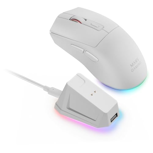 Mars Gaming MM‑T3, Ultralight Kabellose Maus, Bluetooth 5.0 + 2.4 GHz + Kabel, Optischer Sensor PIXART PAW3104PRO 14400 DPI, Magnetische RGB‑Ladestation, Huano Switches, Steuerungssoftware, Weiß Bild 1