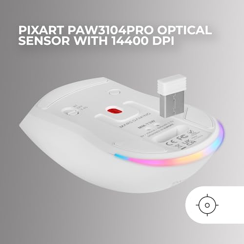 Mars Gaming MM‑T3, Ultralight Kabellose Maus, Bluetooth 5.0 + 2.4 GHz + Kabel, Optischer Sensor PIXART PAW3104PRO 14400 DPI, Magnetische RGB‑Ladestation, Huano Switches, Steuerungssoftware, Weiß Bild 3