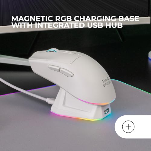 Mars Gaming MM‑T3, Ultralight Kabellose Maus, Bluetooth 5.0 + 2.4 GHz + Kabel, Optischer Sensor PIXART PAW3104PRO 14400 DPI, Magnetische RGB‑Ladestation, Huano Switches, Steuerungssoftware, Weiß Bild 4