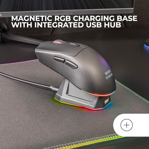 Mars Gaming MM‑T3, Ultralight Kabellose Maus, Bluetooth 5.0 + 2.4 GHz + Kabel, Optischer Sensor PIXART PAW3104PRO 14400 DPI, Magnetische RGB‑Ladestation, Huano Switches, Steuerungssoftware, Schwarz Bild 4