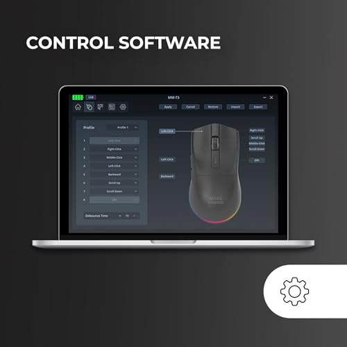 Mars Gaming MM‑T3, Ultralight Kabellose Maus, Bluetooth 5.0 + 2.4 GHz + Kabel, Optischer Sensor PIXART PAW3104PRO 14400 DPI, Magnetische RGB‑Ladestation, Huano Switches, Steuerungssoftware, Schwarz Bild 5
