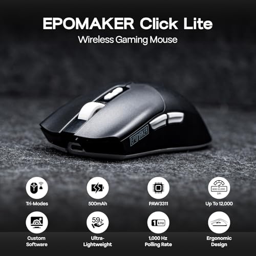 EPOMAKER Click Lite Gaming-Maus Kabellos, 800 bis 12.000 DPI Einstellbar, PAW3311 Sensor, 500mAh, 59g, 2.4G/Bluetooth/USB-C, Kabellose Maus mit 5 Programmable Buttons (Schwarz) Bild 2