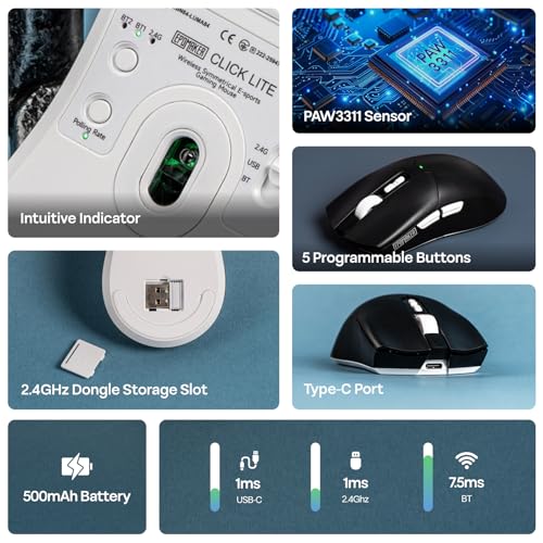 EPOMAKER Click Lite Gaming-Maus Kabellos, 800 bis 12.000 DPI Einstellbar, PAW3311 Sensor, 500mAh, 59g, 2.4G/Bluetooth/USB-C, Kabellose Maus mit 5 Programmable Buttons (Schwarz) Bild 3