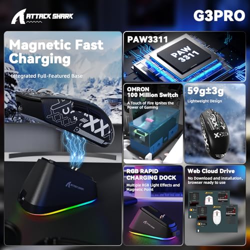 MAMBASNAKE x ATTACK SHARK G3PRO Gaming-Maus mit Magnetischer Ladestation, BT/2.4G Wireless/Kabel, PixArt PAW3311 Sensor, 59g leicht, 25000 DPI LIGHTSPEED Gamer Office-Mäuse für PC/Mac-Schwarz mit Tape Bild 3