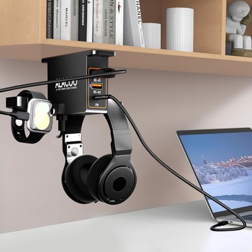ALACOO Smartwatch & Headset Halterung Doppelter Kopfhörer Ständer mit 3-Port-USB-Ladefunktion (20W PD & QC3.0) für Unter dem Schreibtisch, Selbstklebend Kopfhörerständer für Gaming Headset Zubehör Bild 1