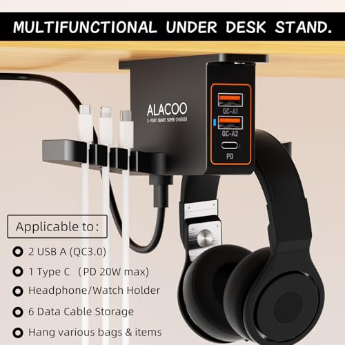 ALACOO Smartwatch & Headset Halterung Doppelter Kopfhörer Ständer mit 3-Port-USB-Ladefunktion (20W PD & QC3.0) für Unter dem Schreibtisch, Selbstklebend Kopfhörerständer für Gaming Headset Zubehör Bild 2