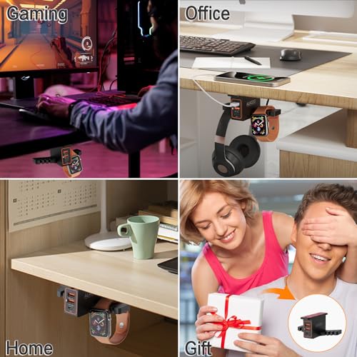 ALACOO Smartwatch & Headset Halterung Doppelter Kopfhörer Ständer mit 3-Port-USB-Ladefunktion (20W PD & QC3.0) für Unter dem Schreibtisch, Selbstklebend Kopfhörerständer für Gaming Headset Zubehör Bild 6