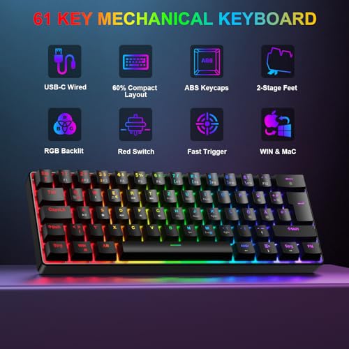 Gaming Tastatur und Maus Set, 60% QWERTZ Layout Mini Mechanische Tastatur mit RGB Beleuchtete, Red Switches, USB-C Kabelgebunden, 4 Farben LED Gaming Maus, Kompaktes Set für PC Mac Xbox PS5 Bild 2