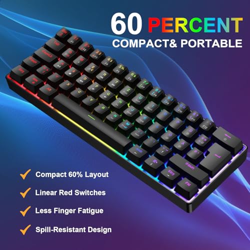 Gaming Tastatur und Maus Set, 60% QWERTZ Layout Mini Mechanische Tastatur mit RGB Beleuchtete, Red Switches, USB-C Kabelgebunden, 4 Farben LED Gaming Maus, Kompaktes Set für PC Mac Xbox PS5 Bild 4