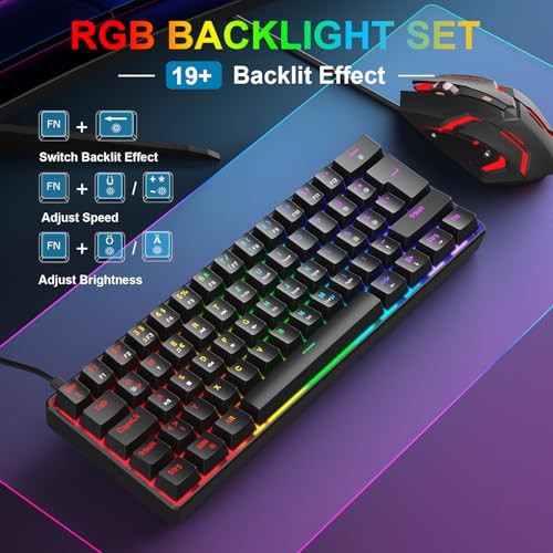 Gaming Tastatur und Maus Set, 60% QWERTZ Layout Mini Mechanische Tastatur mit RGB Beleuchtete, Red Switches, USB-C Kabelgebunden, 4 Farben LED Gaming Maus, Kompaktes Set für PC Mac Xbox PS5 Bild 5