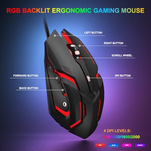 Gaming Tastatur und Maus Set, 60% QWERTZ Layout Mini Mechanische Tastatur mit RGB Beleuchtete, Red Switches, USB-C Kabelgebunden, 4 Farben LED Gaming Maus, Kompaktes Set für PC Mac Xbox PS5 Bild 6