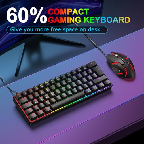 Gaming Tastatur und Maus Set, 60% QWERTZ Layout Mini Mechanische Tastatur mit RGB Beleuchtete, Red Switches, USB-C Kabelgebunden, 4 Farben LED Gaming Maus, Kompaktes Set für PC Mac Xbox PS5 Bild 7