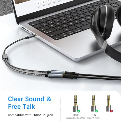 Audio Adapter Y Splitter, 3.5 mm Klinkenstecker Headset Mikrofon Audio Splitter 3,5 mm Stecker auf 2 duale 3,5 mm Buchsen Aux Cable für Gaming Headset, Earphone, Speaker, Desktop, Laptop, PS5 PS4 Bild 2