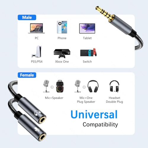 Audio Adapter Y Splitter, 3.5 mm Klinkenstecker Headset Mikrofon Audio Splitter 3,5 mm Stecker auf 2 duale 3,5 mm Buchsen Aux Cable für Gaming Headset, Earphone, Speaker, Desktop, Laptop, PS5 PS4 Bild 3