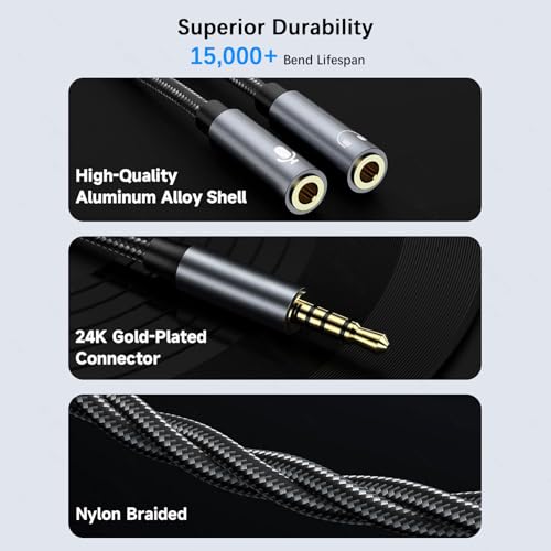 Audio Adapter Y Splitter, 3.5 mm Klinkenstecker Headset Mikrofon Audio Splitter 3,5 mm Stecker auf 2 duale 3,5 mm Buchsen Aux Cable für Gaming Headset, Earphone, Speaker, Desktop, Laptop, PS5 PS4 Bild 4