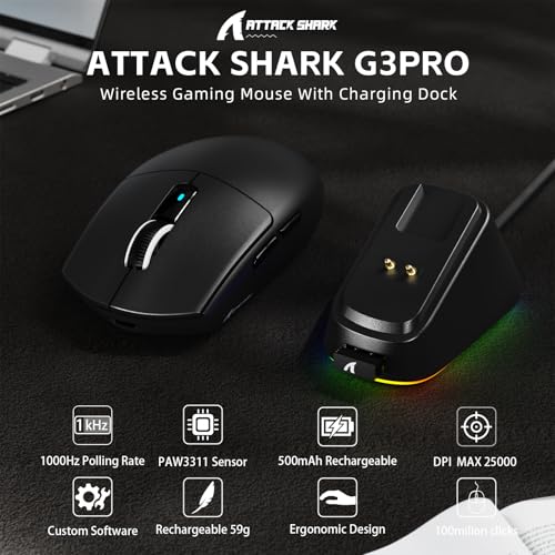 ATTACK SHARK G3PRO Kabellose Gaming-Maus mit Magnetischer Ladestation, PixArt PAW3311-Sensor, Bis zu 25000 DPI, BT/2,4 GHz/Kabelgebunden, 100M Klicks, 59g Superleichte Mäuse für PC/Xbox/PS/Mac–Schwarz Bild 2