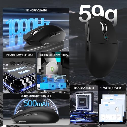 ATTACK SHARK G3PRO Kabellose Gaming-Maus mit Magnetischer Ladestation, PixArt PAW3311-Sensor, Bis zu 25000 DPI, BT/2,4 GHz/Kabelgebunden, 100M Klicks, 59g Superleichte Mäuse für PC/Xbox/PS/Mac–Schwarz Bild 3