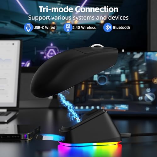 ATTACK SHARK G3PRO Kabellose Gaming-Maus mit Magnetischer Ladestation, PixArt PAW3311-Sensor, Bis zu 25000 DPI, BT/2,4 GHz/Kabelgebunden, 100M Klicks, 59g Superleichte Mäuse für PC/Xbox/PS/Mac–Schwarz Bild 4
