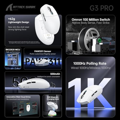 ATTACK SHARK G3PRO Gaming-Maus mit magnetischer Ladestation, PixArt PAW3311 Gaming-Sensor, Bluetooth/2,4G Wireless/Wireless Gaming-Maus, 25.000 DPI, Büro- und Gamer-Maus (Weiß) Bild 2