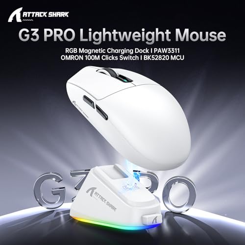 ATTACK SHARK G3PRO Gaming-Maus mit magnetischer Ladestation, PixArt PAW3311 Gaming-Sensor, Bluetooth/2,4G Wireless/Wireless Gaming-Maus, 25.000 DPI, Büro- und Gamer-Maus (Weiß) Bild 3